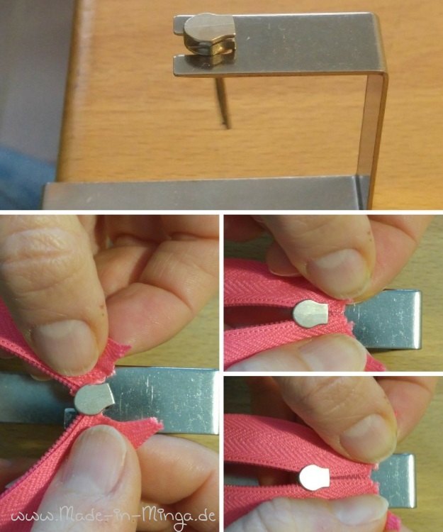 Ein Gerät, was den Zipper des Reißverschlusses beim Einfädeln festhält