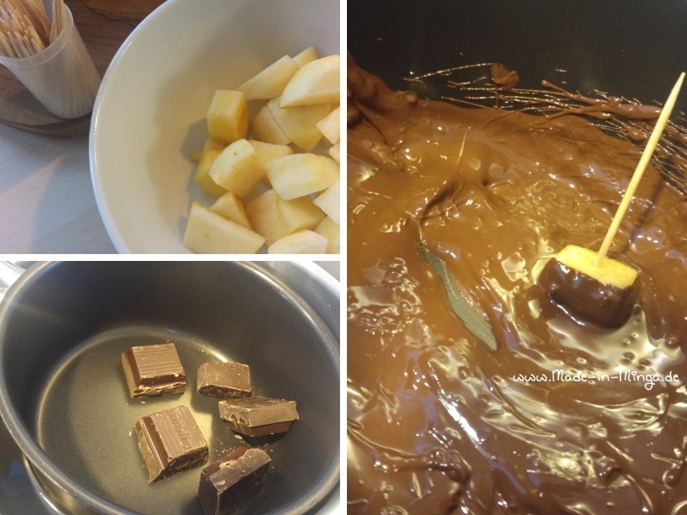 Schokolade-Apfel-Spieß selber machen mit flüssiger Schokolade