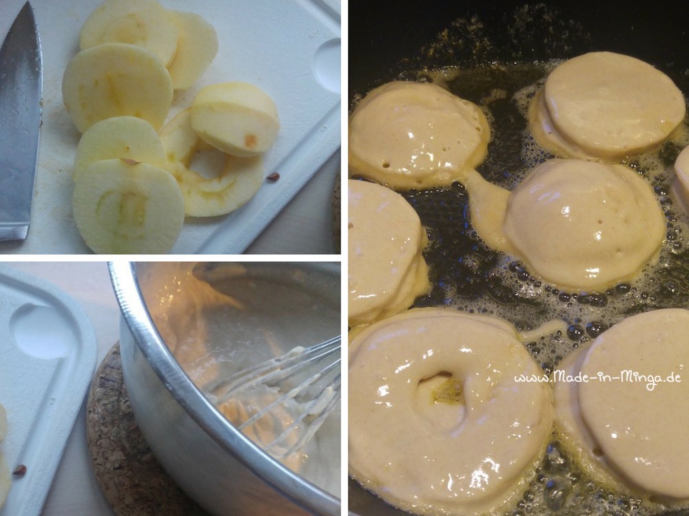 Apfel in Scheiben schneiden und die Apfelringe in Pfannkuchenteig backen