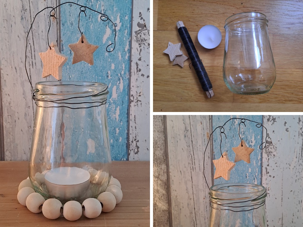 Windlicht aus einem alten Glas, mit Holzsternchen und Blumendraht dekoriert
