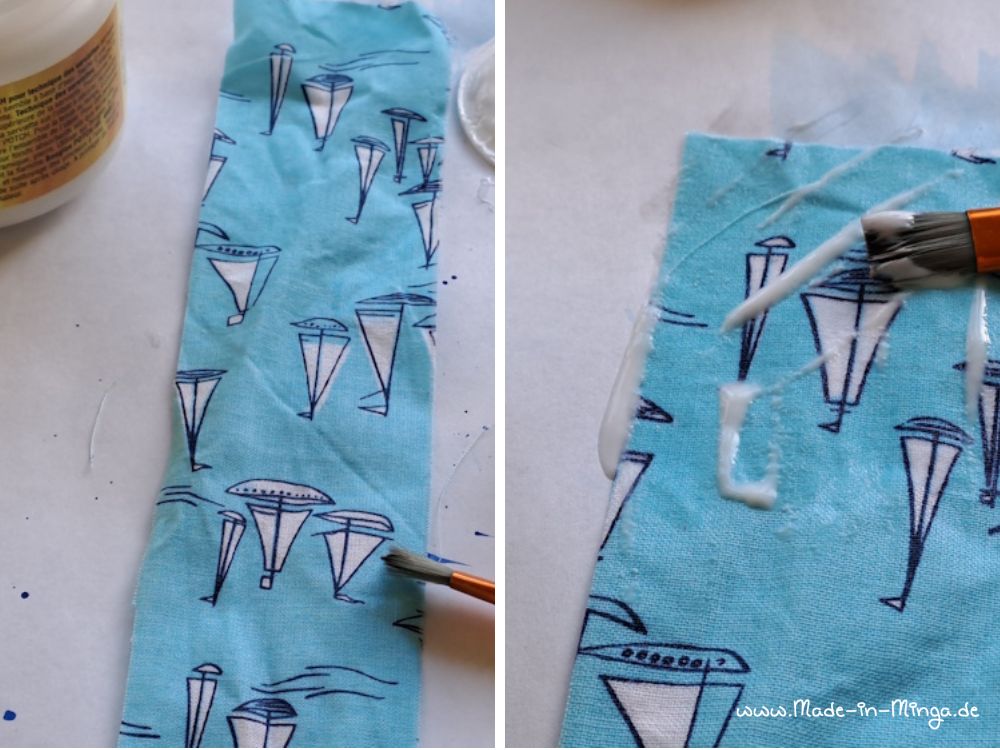 Stoffstreifen werden mit Serviettenkleber bestrichen